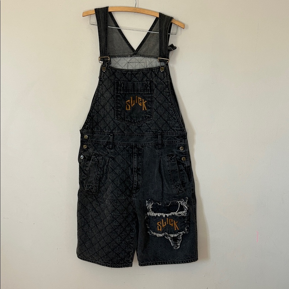 Vintage 90s Slick Denim black jorts Overalls size large